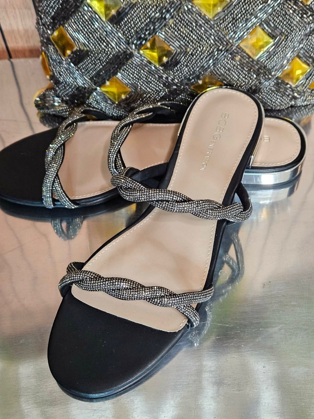 BCBGMaxAzria Black Braided Strappy Slide Sandals with Sparkle